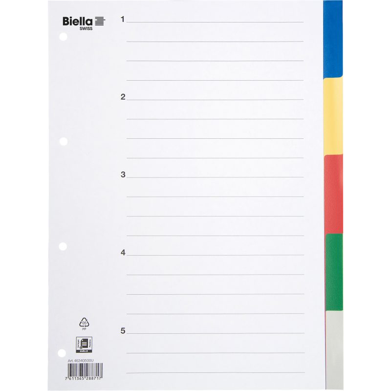 BIELLA Register PP farbig A4 479005.00 5-teilig, blanko, &uuml;berbreit