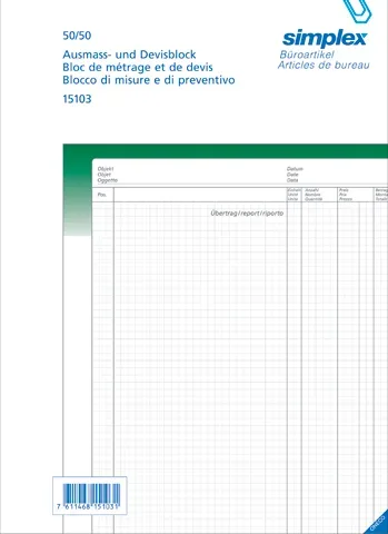 SIMPLEX Ausmassbuch A4 15103 gr&uuml;n/weiss 50x2 Blatt