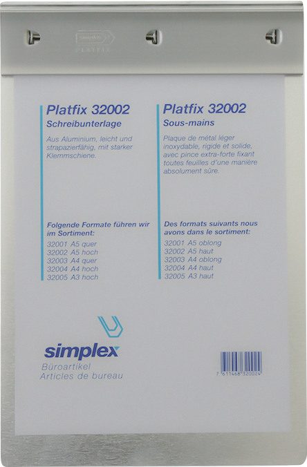 SIMPLEX Schreibplatte Platfix 32005 aluminium, f&uuml;r A3 hoch