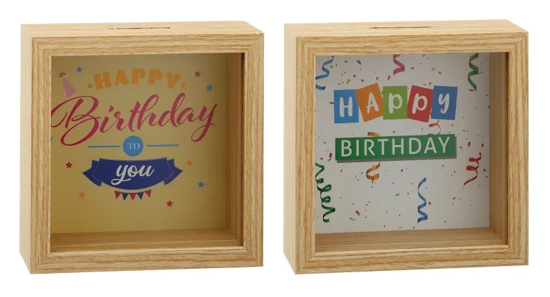 ROOST Spardose Geburtstag 10032463 Holz, 2 ass. 14x14x6cm