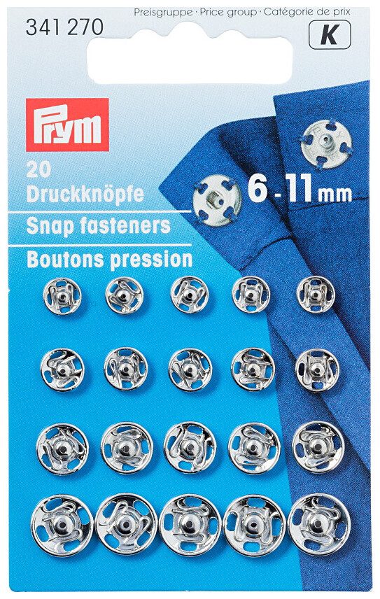 Prym Ann&auml;hdruckkn&ouml;pfe, silber, nickelfrei 6-11 mm, Karte 20 St&uuml;ck
