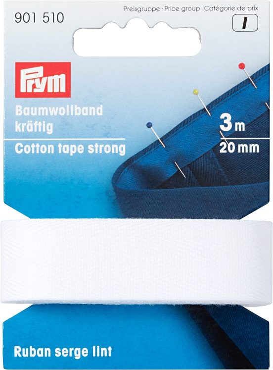 Prym Baumwollband kr&auml;ftig, weiss 20 mm, Karte 3 m
