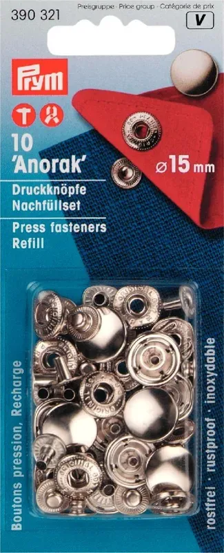 Prym Druckknopf Anorak, zum nachf&uuml;llen, silber 15 mm, Karte 10 Stk.