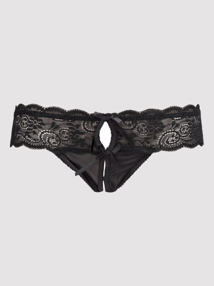 Lovehoney Crotchless Lace Thong with Satin Bows (Black L / XL), Schwarz - L / XL - Amorana