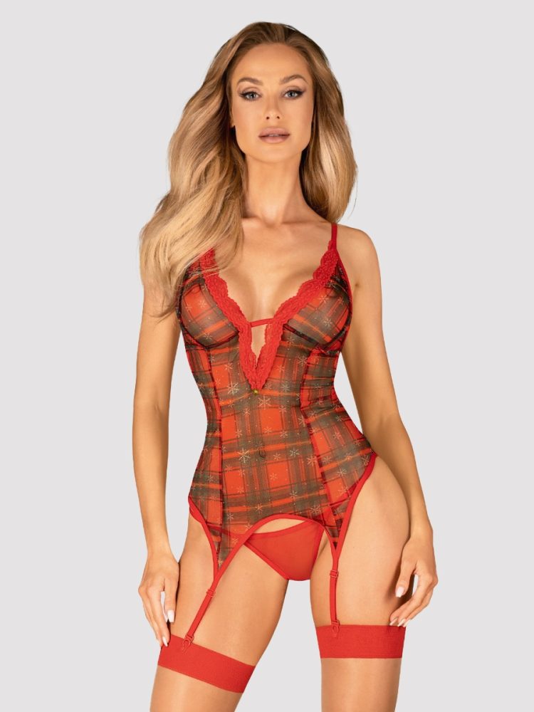 Obsessive Jollymore corset, String and Garter belt red caro M/L[M/L], M/L - Amorana