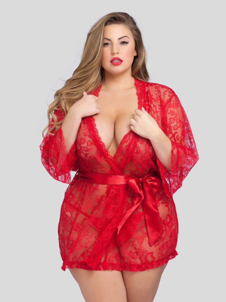 Lovehoney Plus Size Flaunt Me Red Lace Robe (Red One Size Queen), Rot - One Size Queen - Amorana