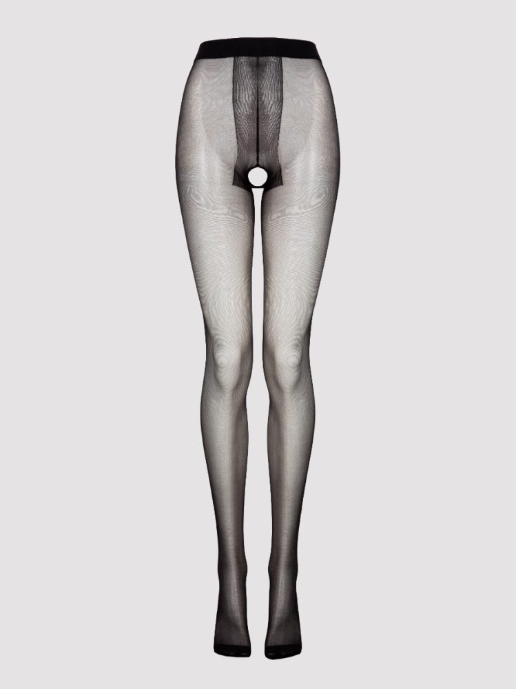 Lovehoney Plus Size Black Sheer Crotchless Tights  (Black One Size Curve), Schwarz - One Size Curve - Amorana