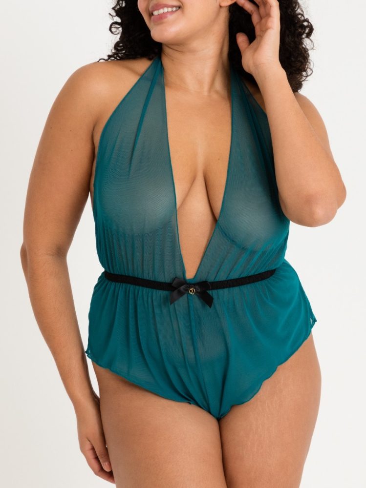 Lovehoney Plus Size Barely There Sheer Green Crotchless Body (Green One Size Queen), Petrol - Plus Size - Amorana