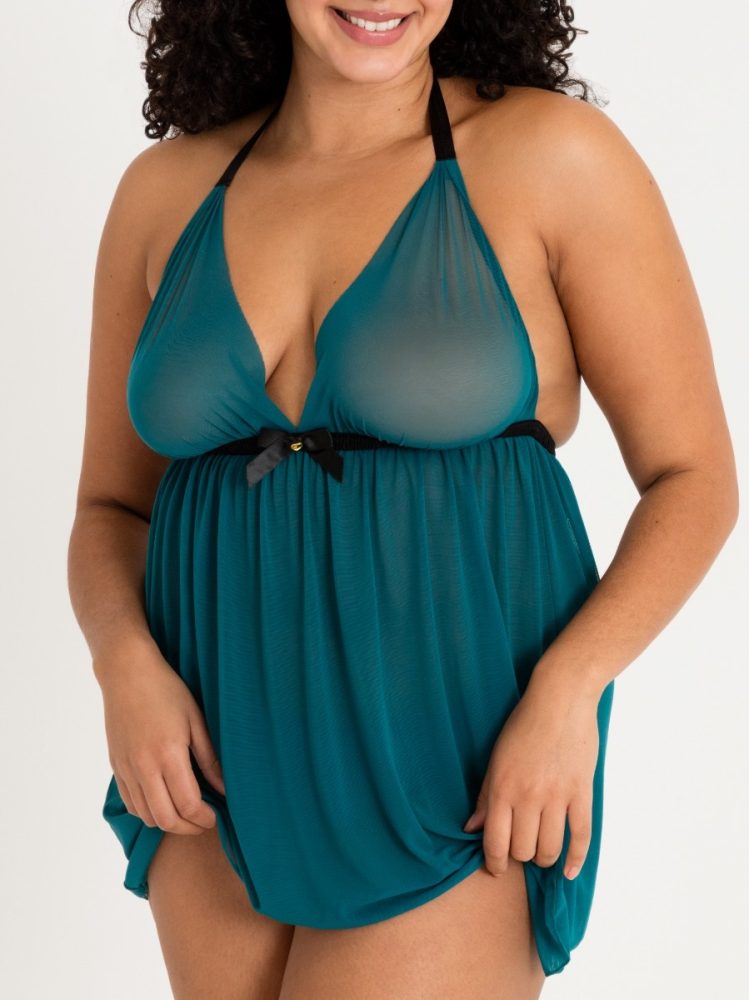 Lovehoney Plus Size Barely There Sheer Green Babydoll Set (Green One Size Queen), Petrol - Plus Size - Amorana