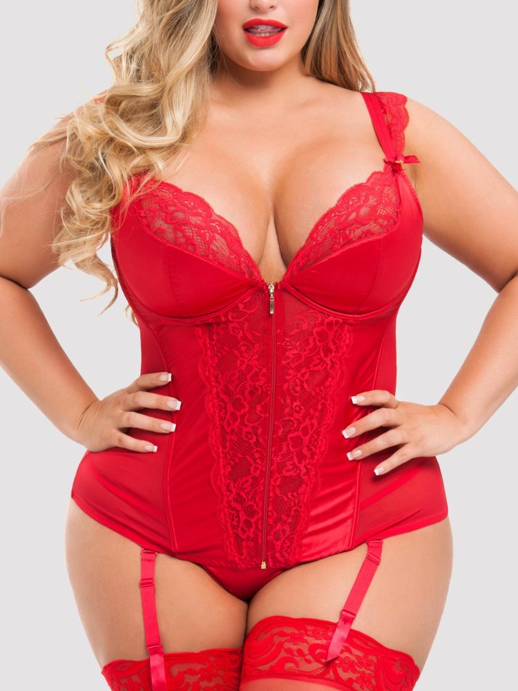 Lovehoney Plus Size Treasure Me Red Push-Up Basque Set (Red 3X / 4X), Rot - 3XL/4XL - Amorana