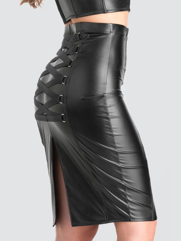 Lovehoney Fierce Leather Look Pencil Skirt (Black Large), Large - Amorana