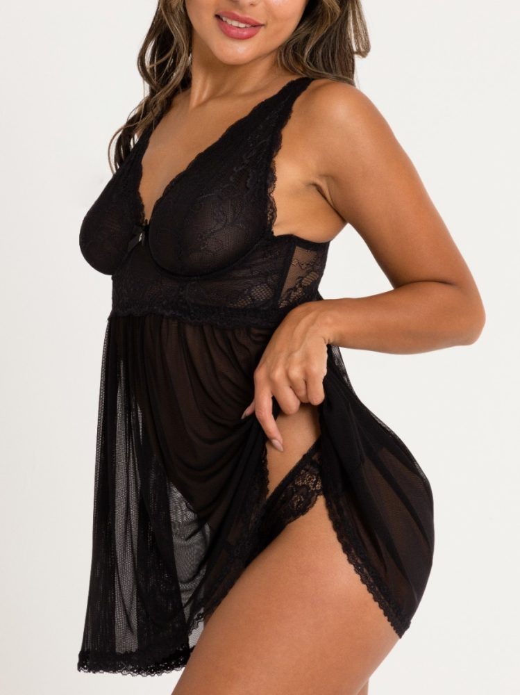 Lovehoney Plus Size Love Me Black Lace Soft Cup Babydoll Set (Black One Size Queen), Schwarz - One Size Queen - Amorana