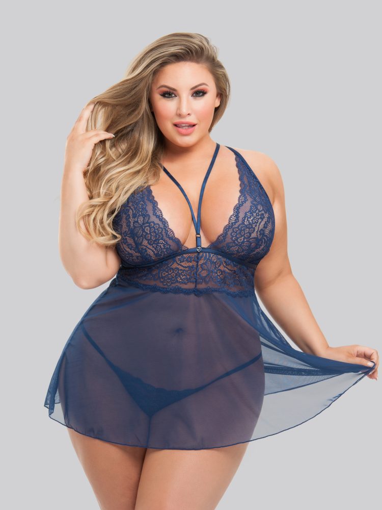 Lovehoney Plus Size Late Night Liaison Blue Lace Babydoll Set (Navy One Size Queen), One Size Queen - Amorana