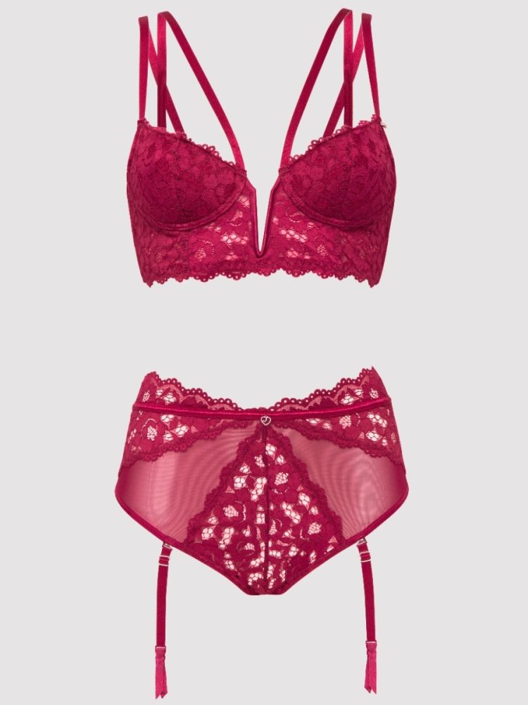 Lovehoney Parisienne Wine Lace Plunge Longline Bra Set (Red Small), S - Amorana