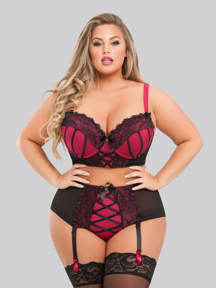 Lovehoney Lingerie - Boudoir Belle Dessous Set Ouvert - Rot Schwarz - XXL - Spitze Satin