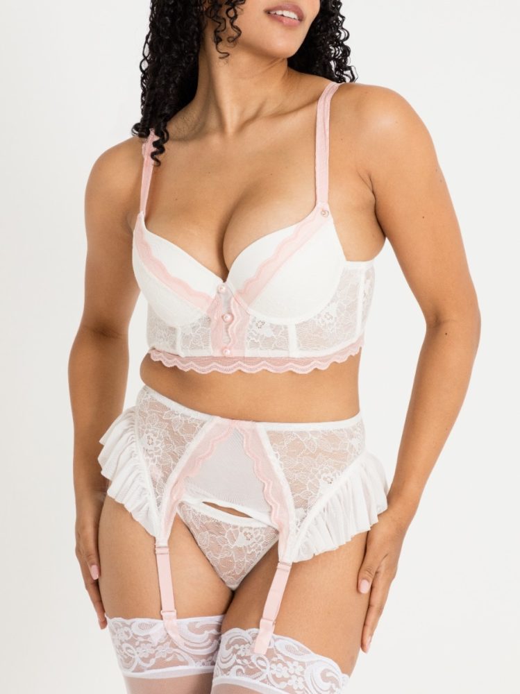 Lovehoney Vintage Bliss Ivory Bra Set (3 Piece) (Ivory Large), Elfenbein - Large - Amorana
