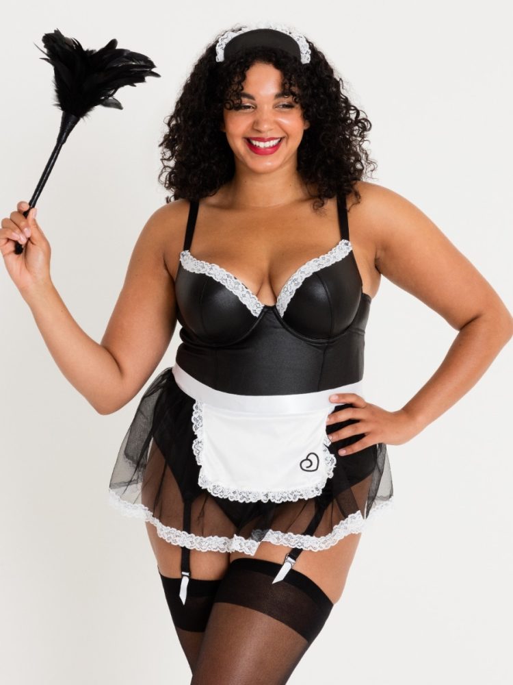 Lovehoney Fantasy Deluxe Wet Look French Maid Costume Black (Large), Schwarz - Large - Amorana