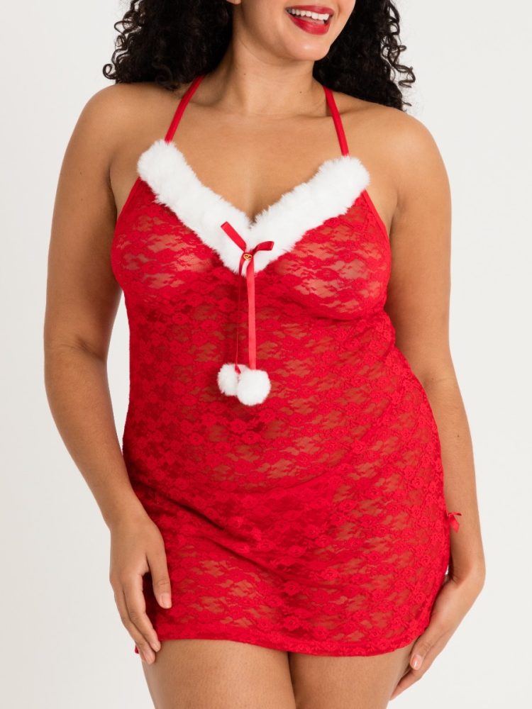 Lovehoney Fantasy Plus Size Red Santa Lace Chemise Set (Red 3X / 4X), XXL/XXXL - Amorana
