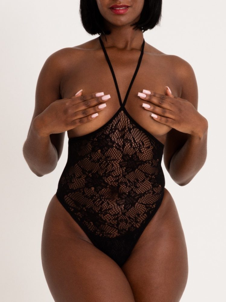 Lovehoney Treasure Chest Black Lace Crotchless Body  (Black One size), Schwarz - One Size - Amorana