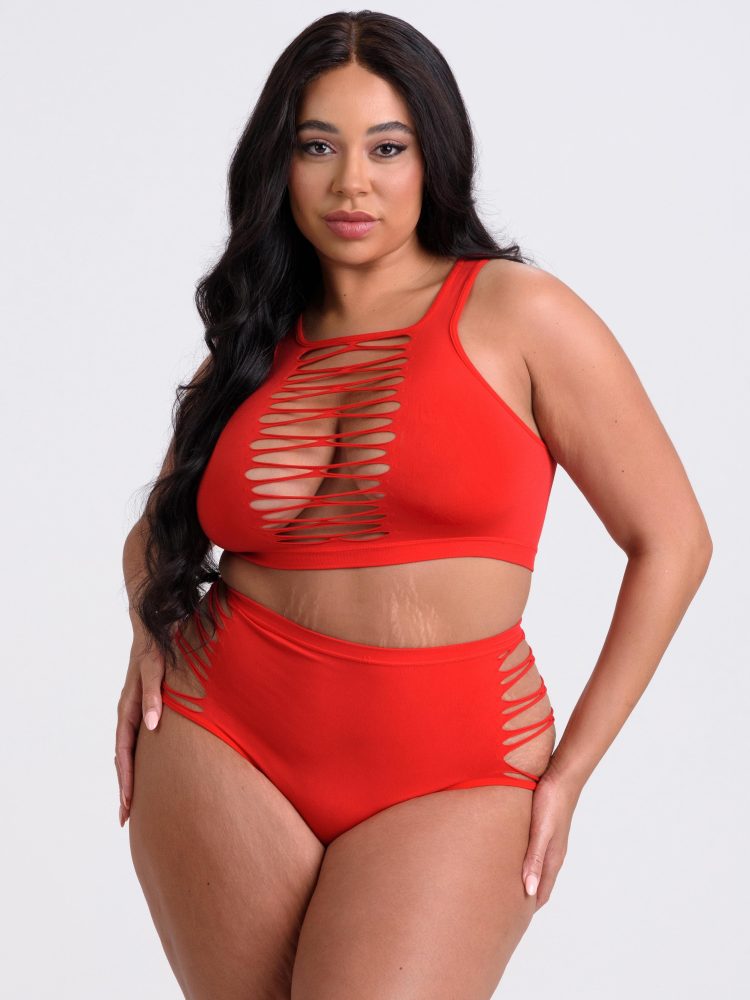 Lovehoney Plus Size Criss-Cross Red Bra Set (Red One Size Queen), Rot - Queen - Amorana
