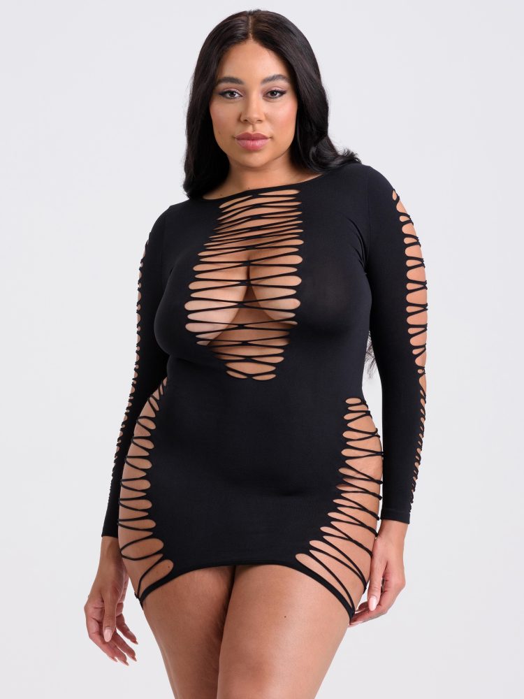 Lovehoney Plus Size Black Criss-Cross Long Sleeve Dress (Black One Size Queen), One Size Queen - Amorana