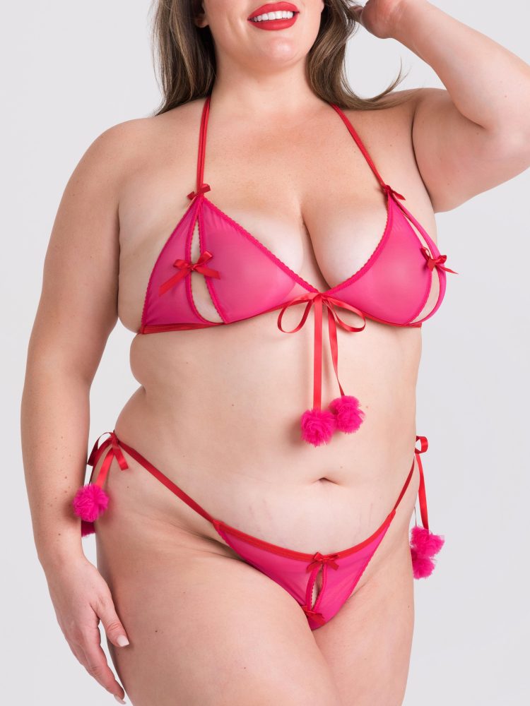 Lovehoney Plus Size Peek-a-bow Pink Crotchless Bra Set (Pink One Size Queen), Plus Size - Amorana