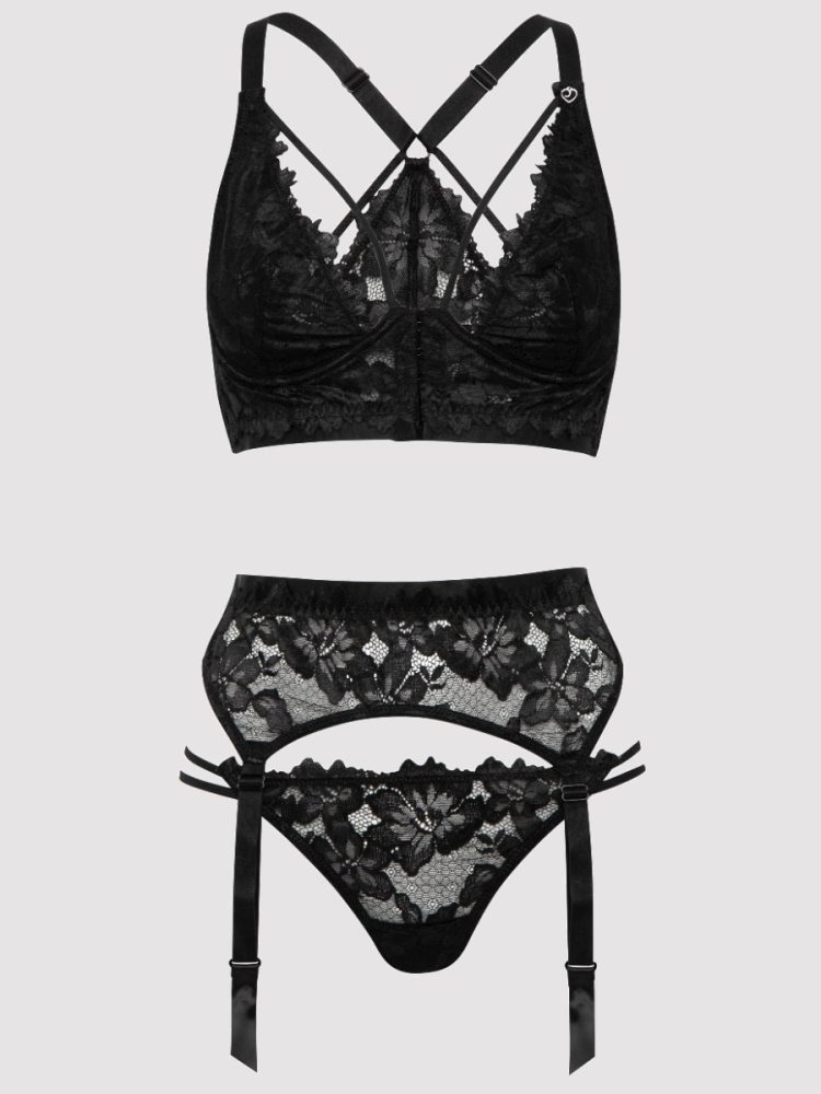 Lovehoney Plus Size Raven Belle Black Lace Front-Fastening Underwired Bra Set (Black 3X / 4X), 3X / 4X - Amorana