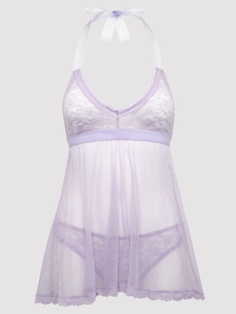 Lovehoney Plus Size Peony Lilac Sheer Mesh and Lace Babydoll Set (Purple One Size Queen), Plus Size - Amorana