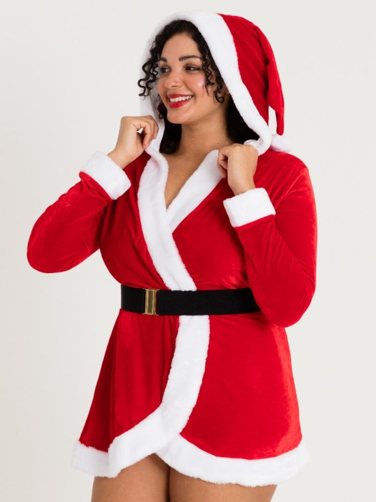 Lovehoney Fantasy Plus Size Santa Cutie Hooded Wrap Dress (Red One Size Curve), One Size Curve - Amorana