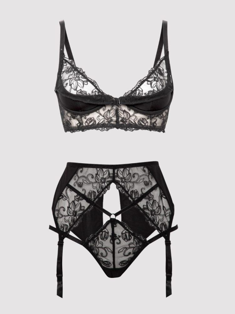 Lovehoney Plus Size Lotus Black Sheer Embroidered Bra Set (Black 3X / 4X), 3XL/4XL - Amorana