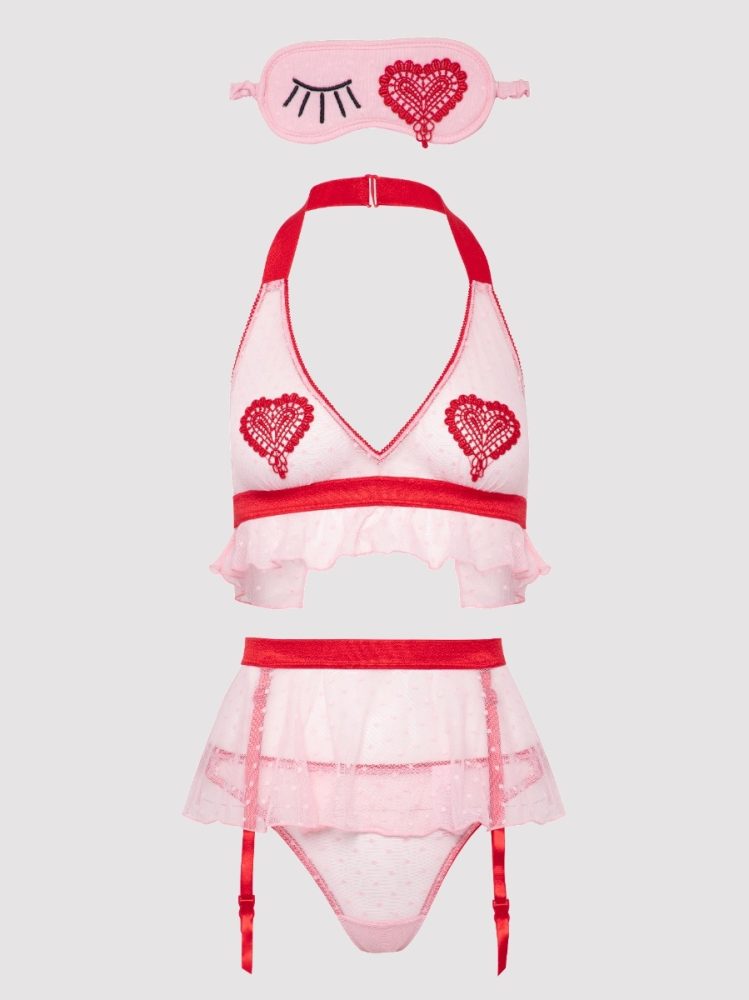Lovehoney Plus Size Sweet Love Pink Bra Set and Eye Mask (Pink One Size Queen), Plus Size - Amorana