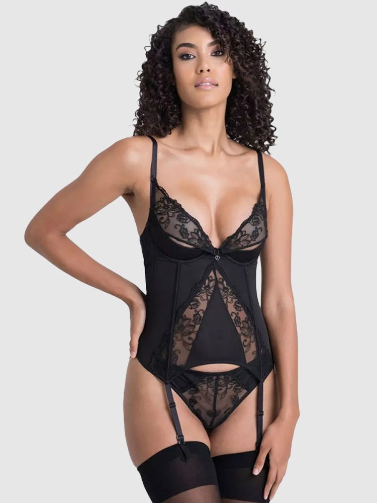 Lovehoney Plus Size Lotus Black Sheer Embroidered Basque Set (Black 3X / 4X), 3XL/4XL - Amorana