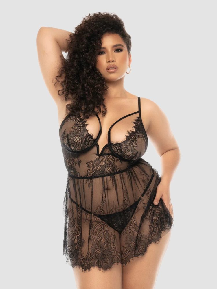 Mapale Black Eyelash Lace Underwired Babydoll Set (XL), XL - Amorana