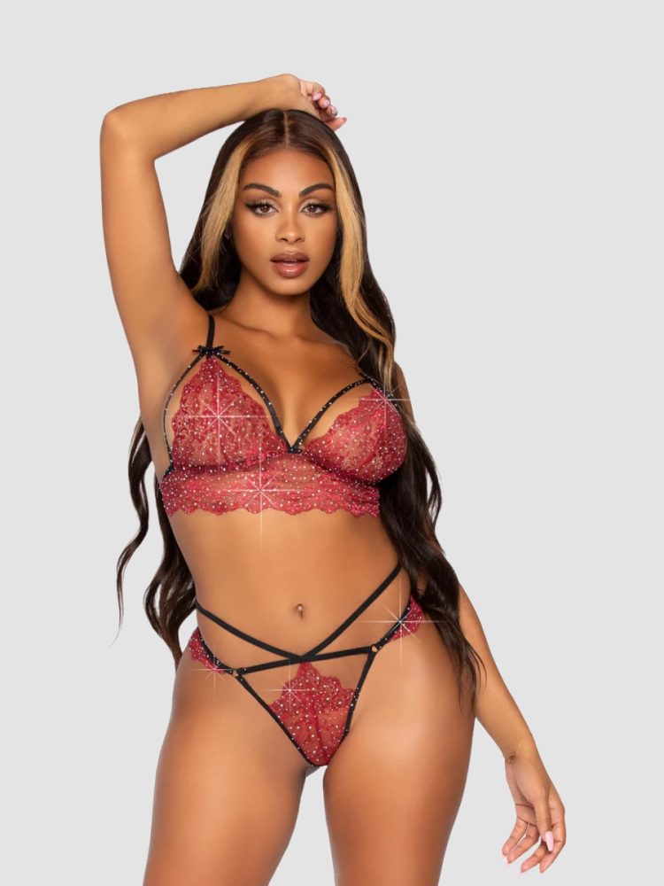 Leg-Avenue Strappy Bralette and String, Farbe: Burgundy, Grösse: L, L - Rot - Amorana