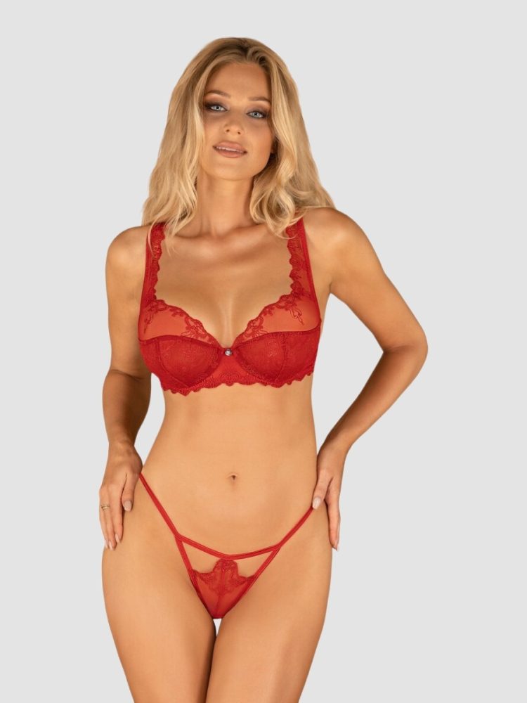 Obsessive Red Lace Embroidered Underwire Bra Set (S/M), S / M - Amorana