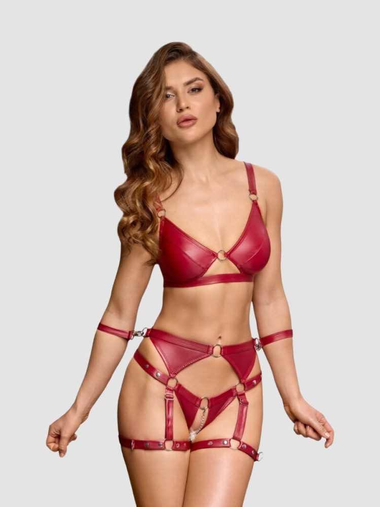 Cottelli Red Wet Look Crotchless Bra Set with Restraints (Small), S - Amorana