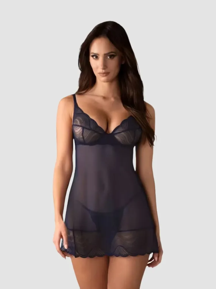 Obsessive Navy Sheer Lace Underwire Chemise Set (XS/S), XS/S - Amorana