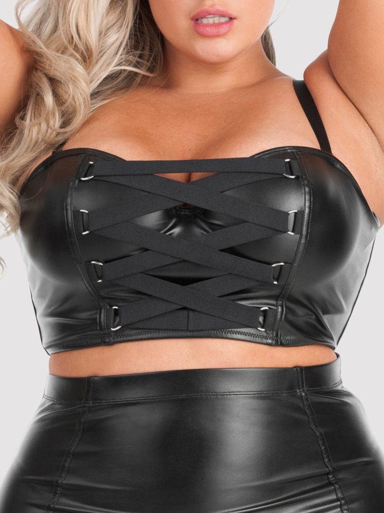 Lovehoney Plus Size Fierce Leather Look Longline Bra (Black 1X / 2X), Schwarz - 1X / 2X - Amorana