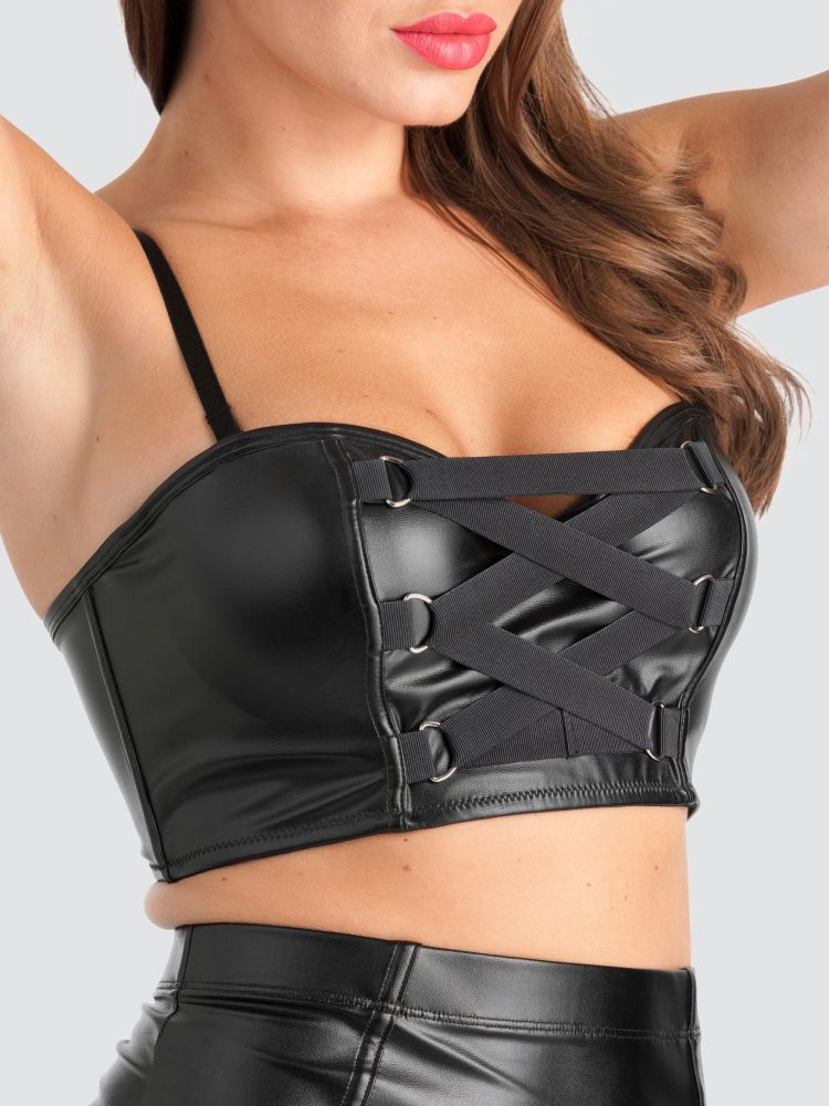 Lovehoney Fierce Leather Look Longline Bra (Black Medium), Schwarz - Medium - Amorana
