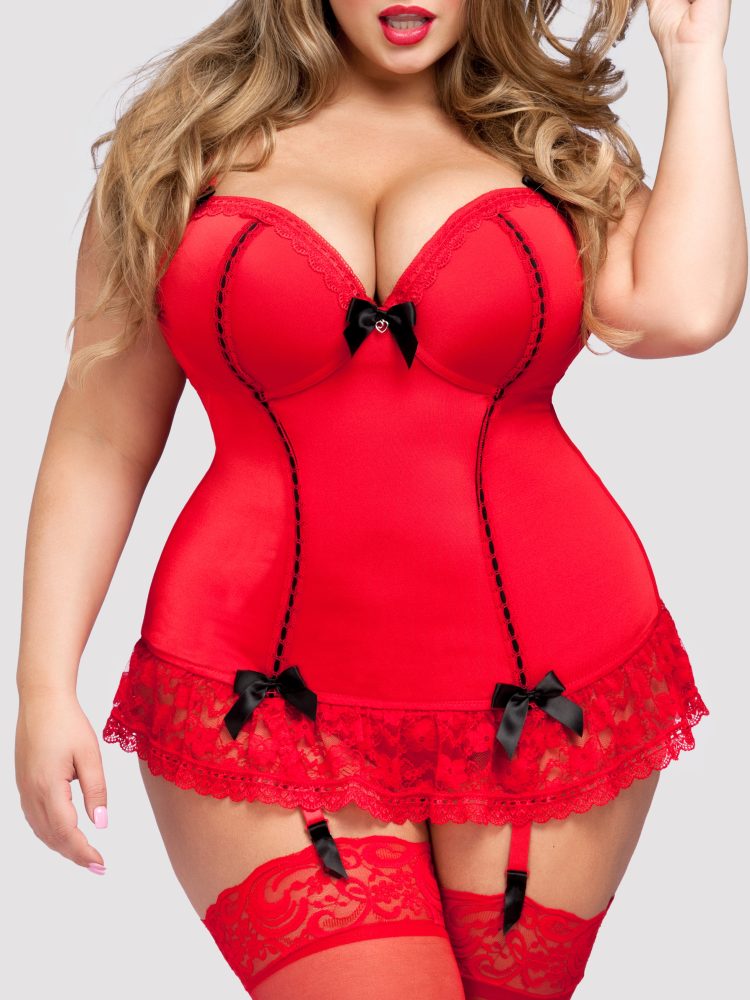 Lovehoney Plus Size Seduce Me Red Push-Up Basque Set (Red 3X / 4X), Rot - 3X / 4X - Amorana