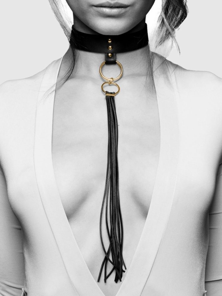 Bijoux Indiscrets Black Faux Leather Choker with Detachable Flogger, Schwarz - Amorana