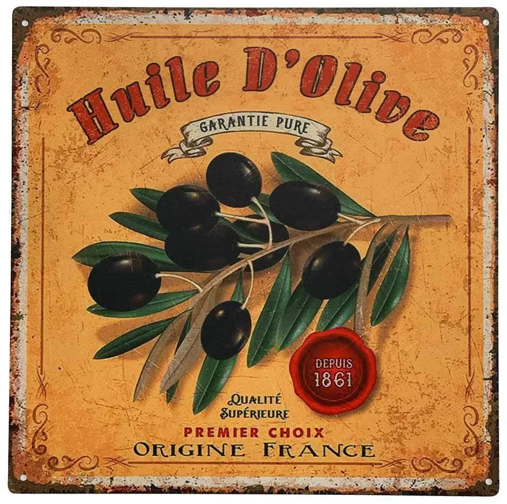 Blechschild Huile d`Olive Retro Vintage-Deko Olivenöl Frankreich Küche 30x30 cm