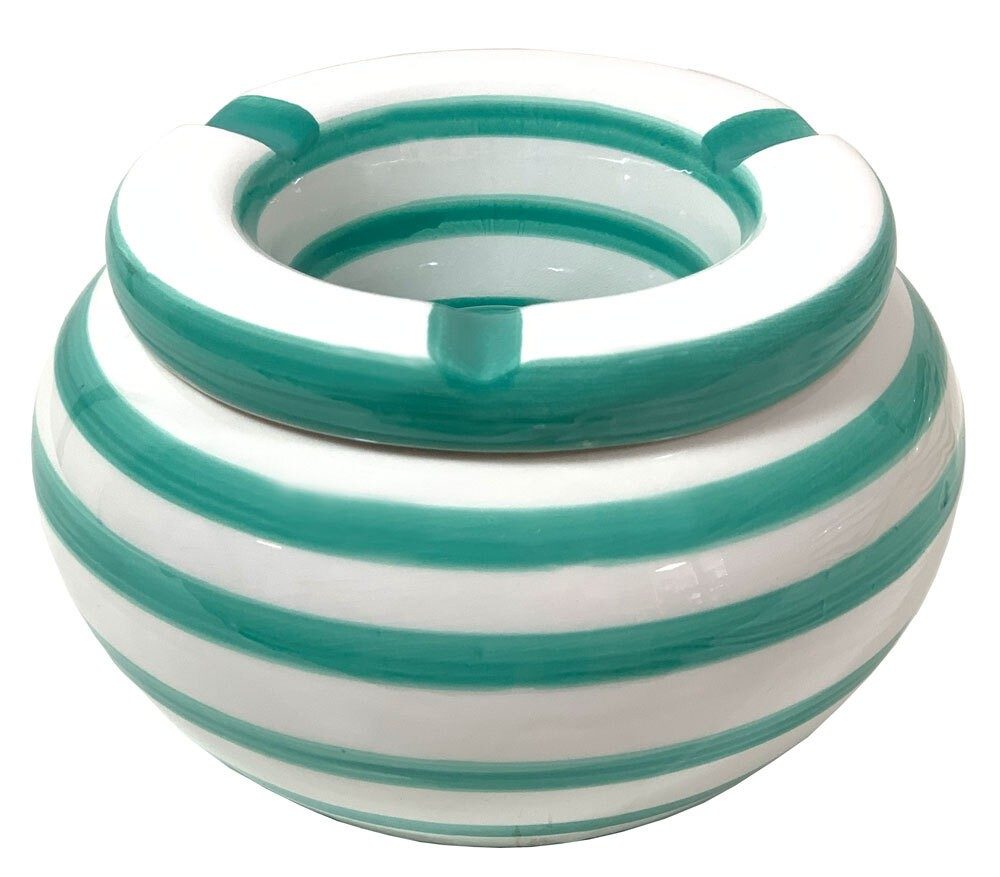 Sturmaschenbecher XL Keramik 14 cm Windaschenbecher für draußen Gestreift Weiß - Türkis