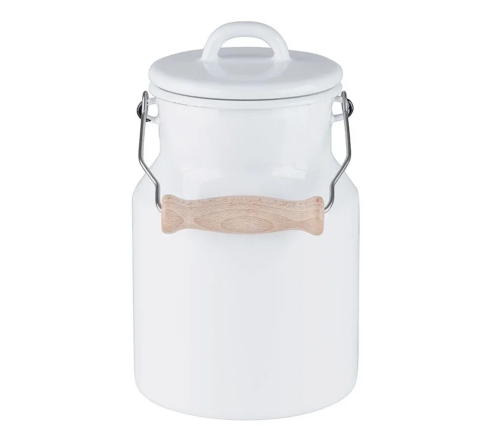 Riess Oma`s Milchkanne mit Deckel & Holzgriff Emaille Weiß 1,5L