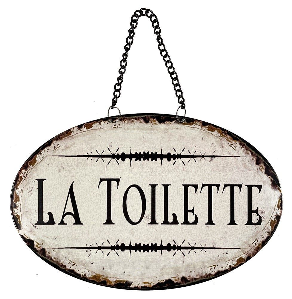 Blechschild LA TOILETTE Türschild Oval Kette Metall Vintage Braun Weiß Nostalgie