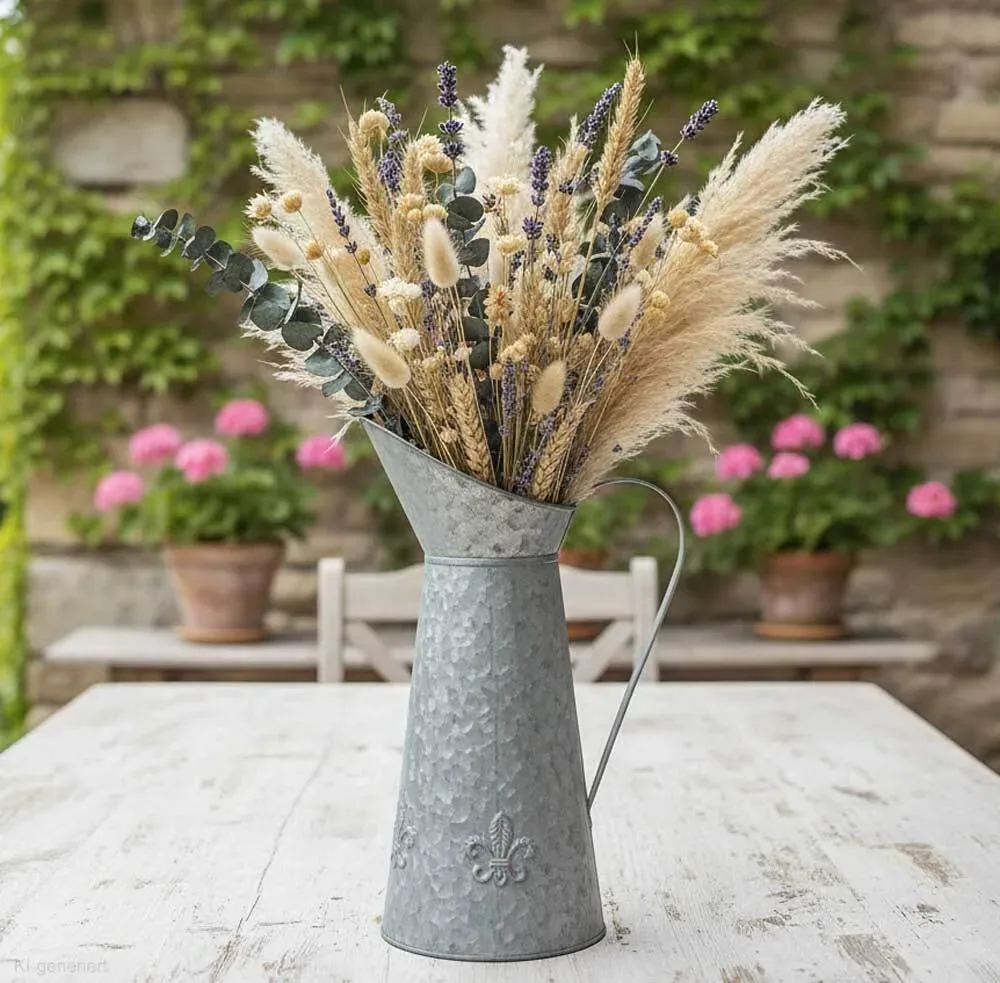 Deko Vase Kanne Zink Lilie für Trockenblumen Vintage-Deko Zinkkrug Landhausstil