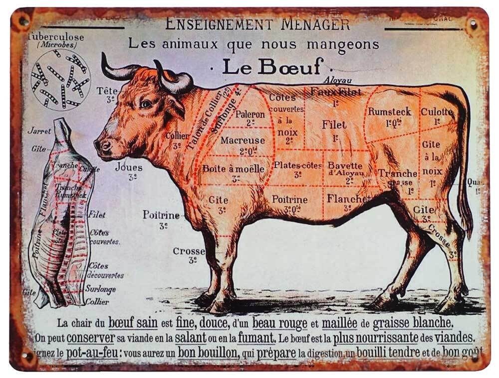Blechschild LE BOEUF Rind Fleischsorten Vintage Küchendeko Fleischkunde 33x25cm