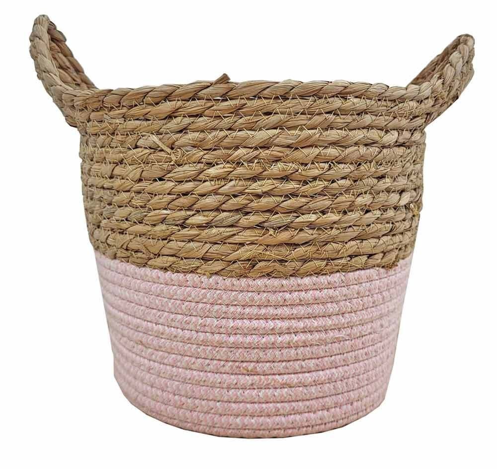Pflanzkübel Seegras geflochten mit Henkel Korb Pflanzgefäß 2-Farbig Pink 24 cm
