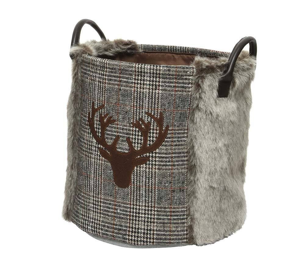 Aufbewahrungskorb Rentier Grau Kariert Deko-Korb mit Griffen Weihnachten 30 cm