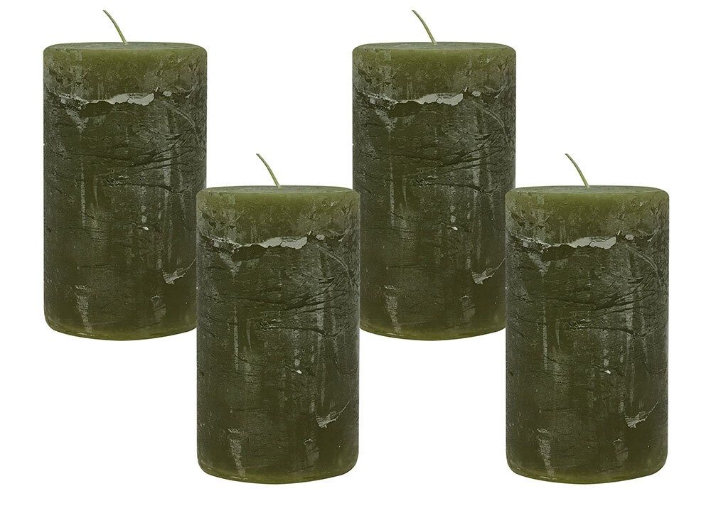 4 Rustic Stumpenkerzen Premium Kerze Dunkelgrün Oliv 7x12cm - 55 Std Brenndauer